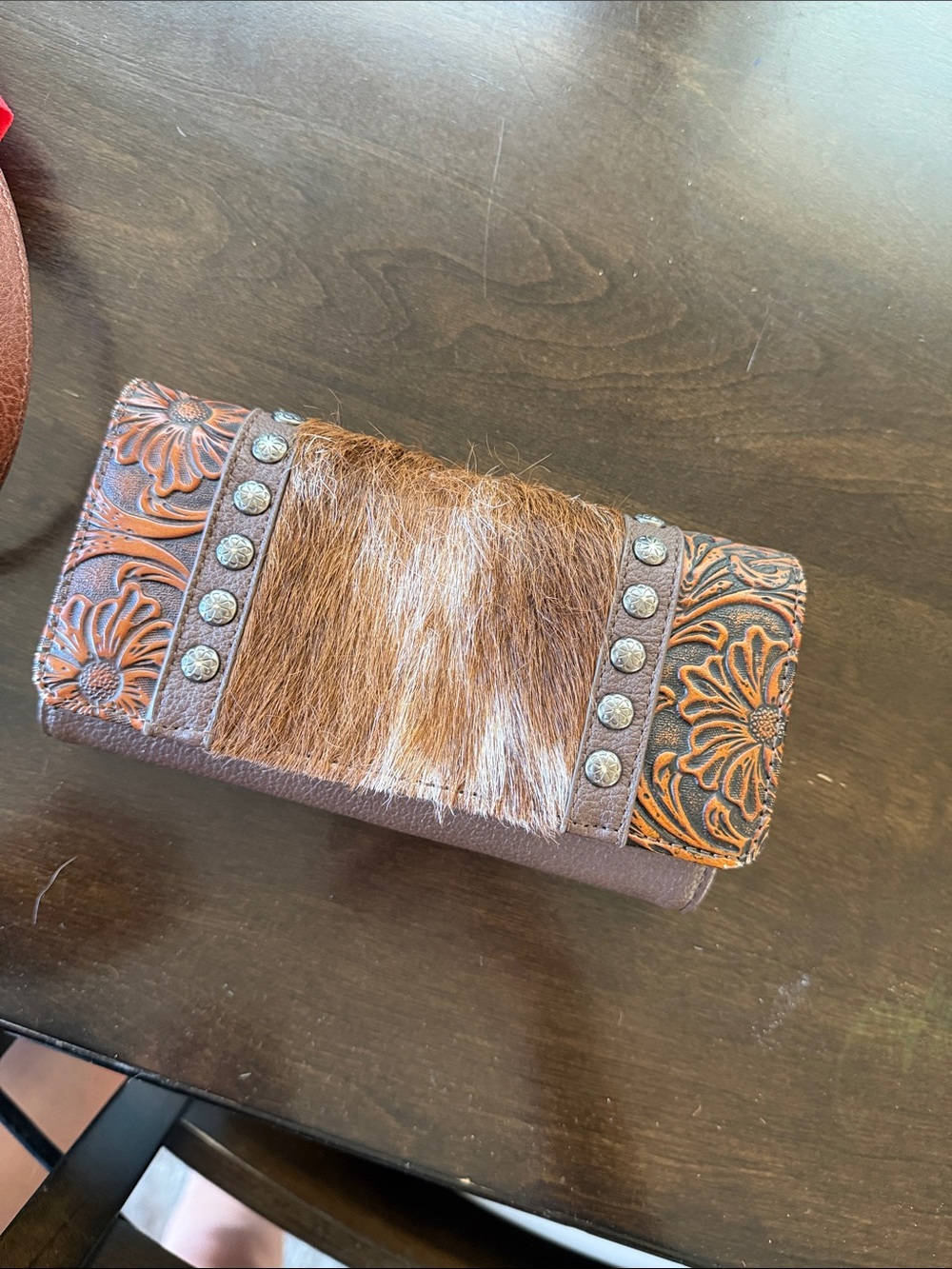 Brown Tooled Leather Hair-On Hide Wallet with Stud Accents